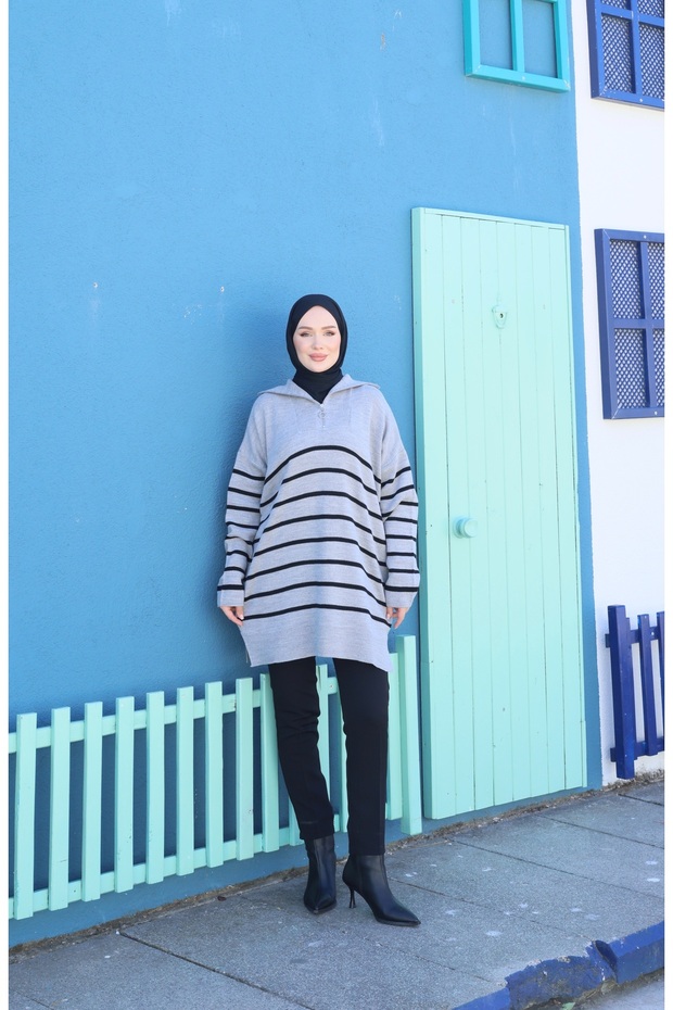 Zippered Striped Knitwear Tunic