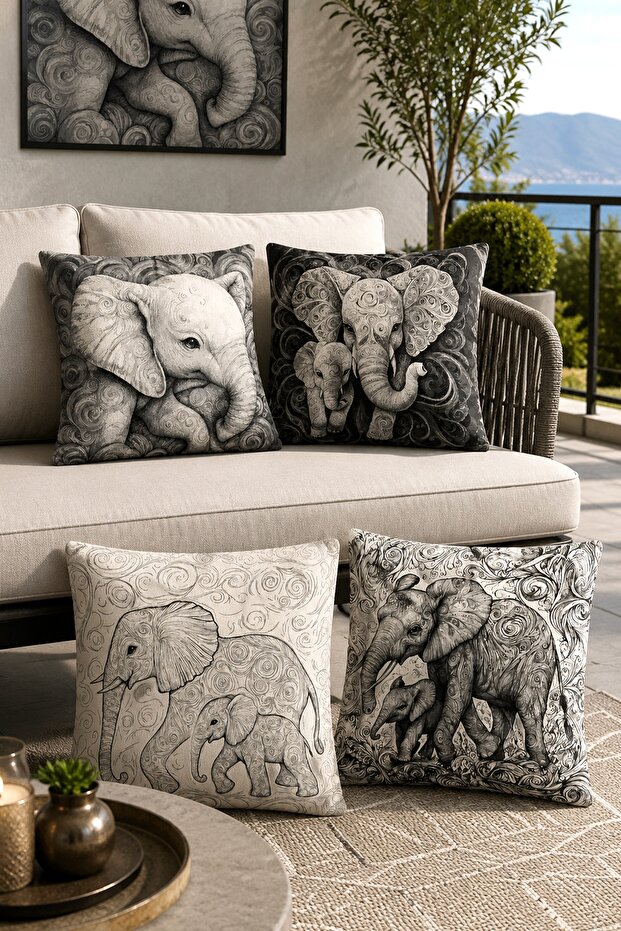 Gray Elephant Patterned 4-Piece Throw Pillow Cover Set