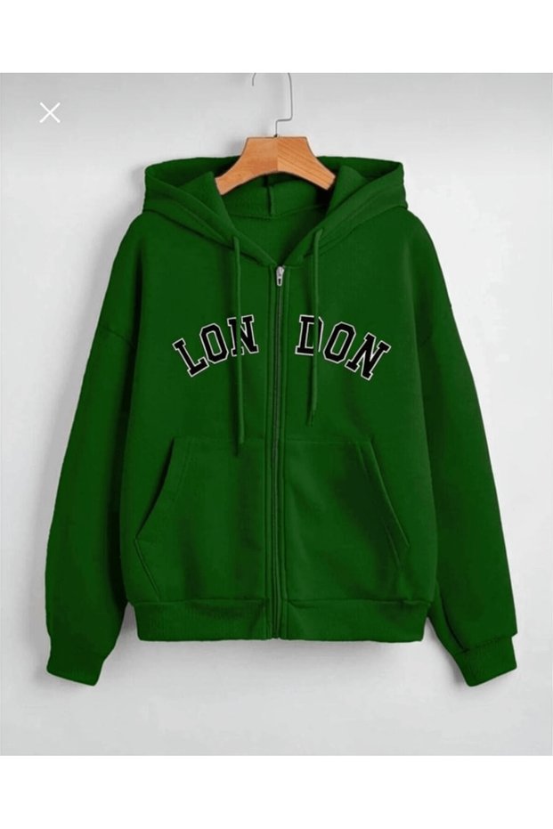 London Printed 3 Thread Combed Cotton Hooded Oversize Cardigan