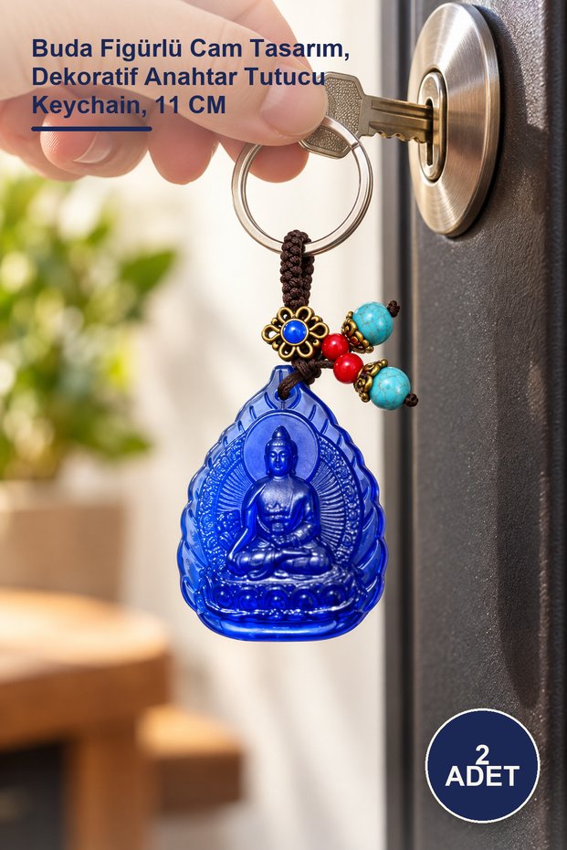 2 pieces lacquered glass buddha keychain - glass design with buddha figure, decorative key holder keychain, 11 cm