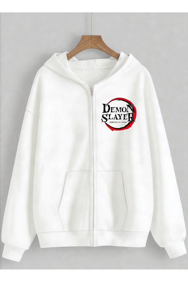 Demon Slayer Printed 3 Thread Combed Cotton Hooded Oversize Cardigan