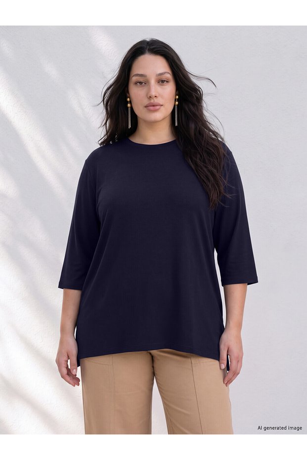 Alita City Farkıyla Lcw Curve Navy Blue Plain Oval Neck Three Quarter Sleeve Women's Blouse