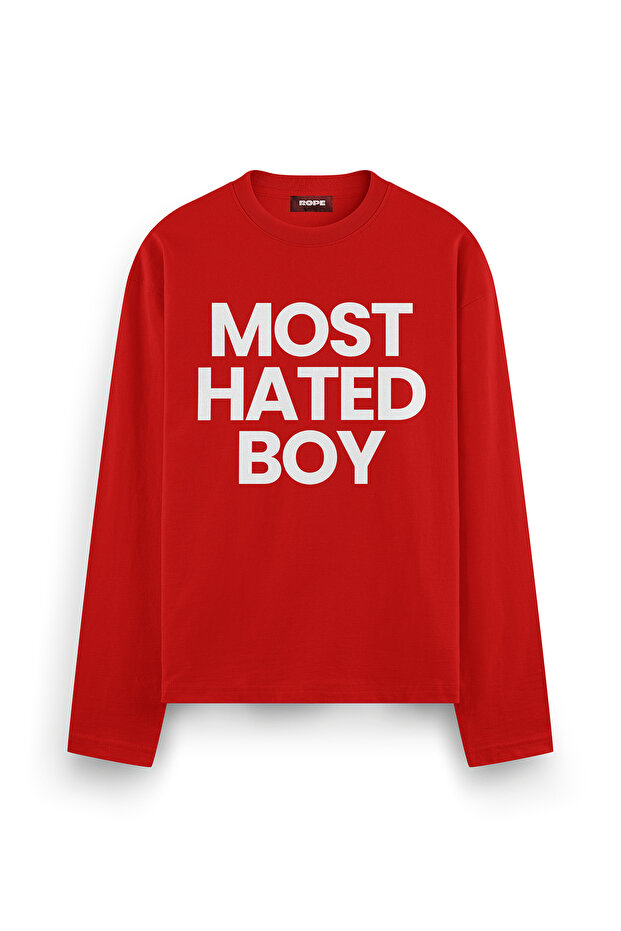 Most Hated Boy Printed Long Sleeve Oversize Fit T-Shirt Red