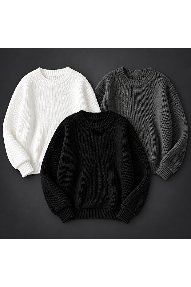 Set of 3 Men's Crew Neck Knitwear Sweater High Neck Long Sleeve Casual Basic Knitted Sweater
