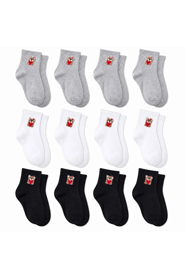 Women's Teddy Bear Patterned Short Socks, Pack of 12 | 80% Cotton Seamless, Black White Gray