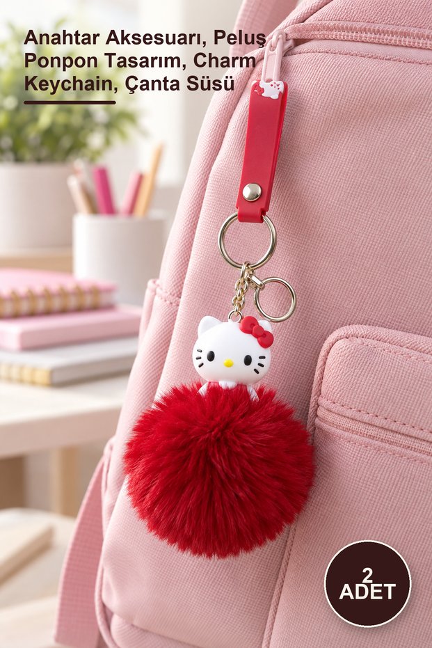 2 Pieces of Hello Kitty Keychain with Pompom – Key Accessory, Plush Pompom Design, Charm Keychain, Bag Ornament