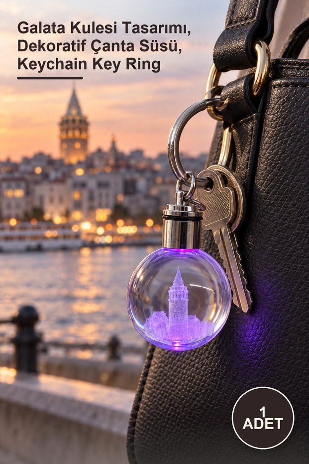 1 Piece Led Crystal Keychain – Galata Tower Design, Decorative Bag Ornament, Keychain Key Ring