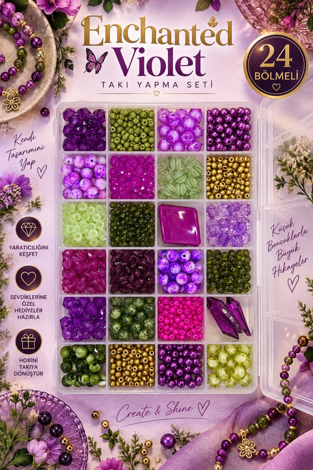 Enchanted Violet 24 Compartment Jewelry Making Set – Purple Green Gold Mixed Beads Necklace Bracelet Design Kit 💜 🌿 ✨