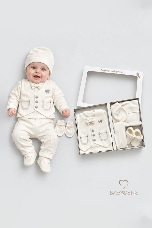 Newborn Baby Boy Mevlüt Set Ecru Bow Tie Vest Special Day Boxed 6 Piece Baby Set Cotton