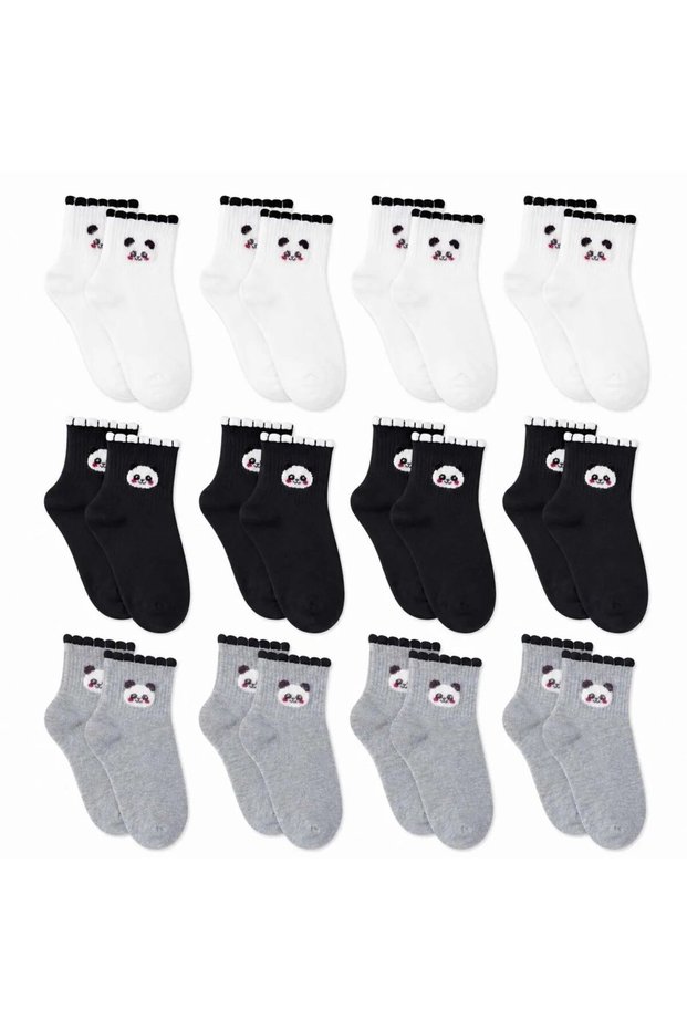 Women's Panda Patterned Short Socks 12-Pack | 80% Cotton Seamless, Black White Gray
