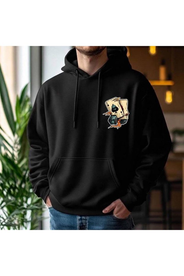Unisex Black Playing Cards and Dice Chest Printed Hooded Sweatshirt