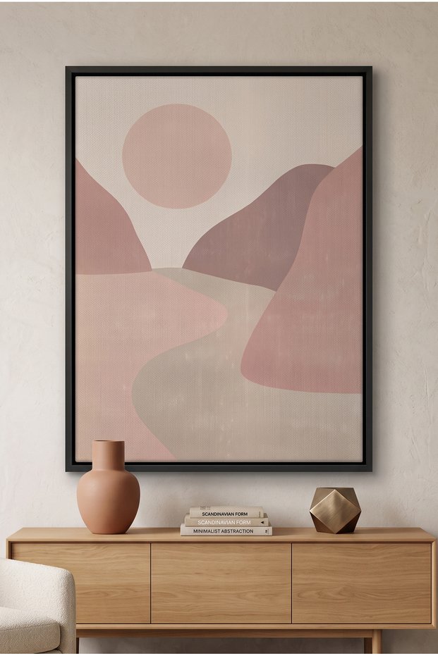 Minimalist Mauve Sun and River Nature Wall Art | Portrait Framed Canvas Print | Luxury Modern Botanical Decor for Living Room