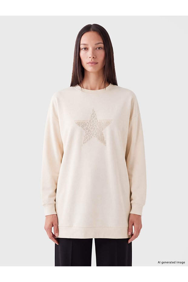 Two Mt Shop Quality Lcw Everyday Beige Printed Oversize Women's Sweatshirt Tunic