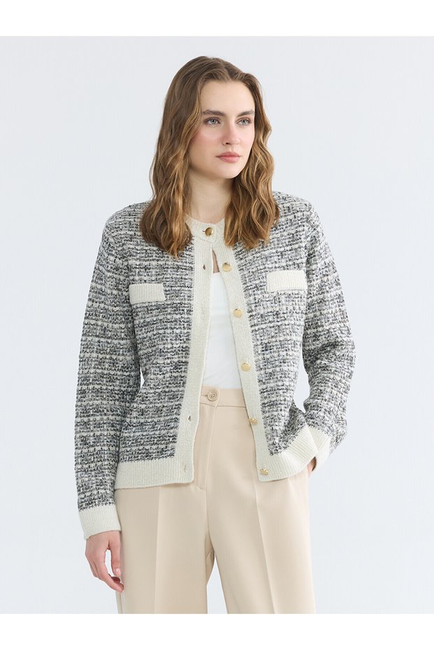 Özmarka New Season Crew Neck Patterned Women's Knitwear Cardigan