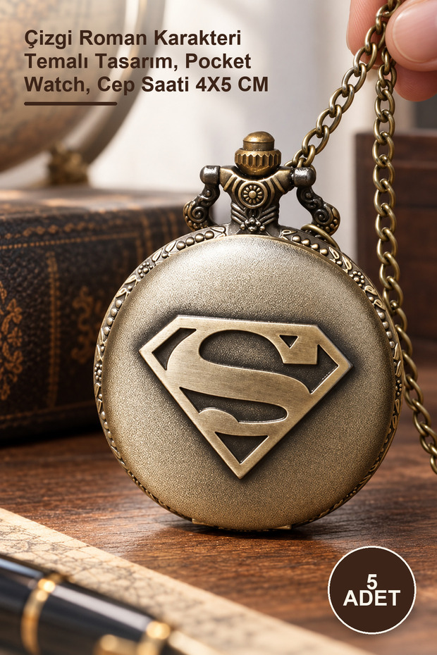 5 Pieces of Pocket Watches with Chains – Comic Character Themed Design, Pocket Watch, Pocket Clock 4X5 cm