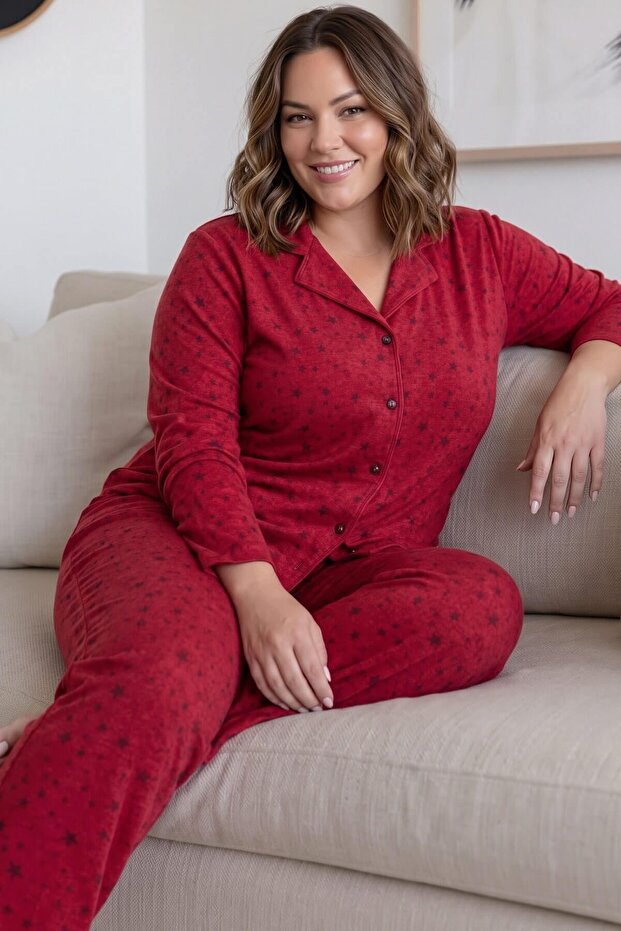 Red Estrella Front Buttoned Oversized Suede Women's Pajama Set