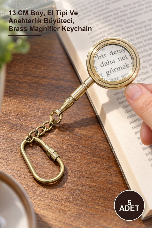 5 Pieces Brass Magnifying Glass Keychain – 13 cm Length, Handheld and Keychain Magnifier, Brass Magnifier Keychain