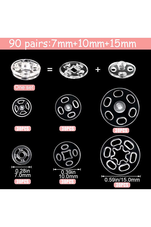 90pairs mixed 90 Pairs Plastic Sew-on Snap Buttons Invisible Snap Fasteners Buttons Round Clear Pres
