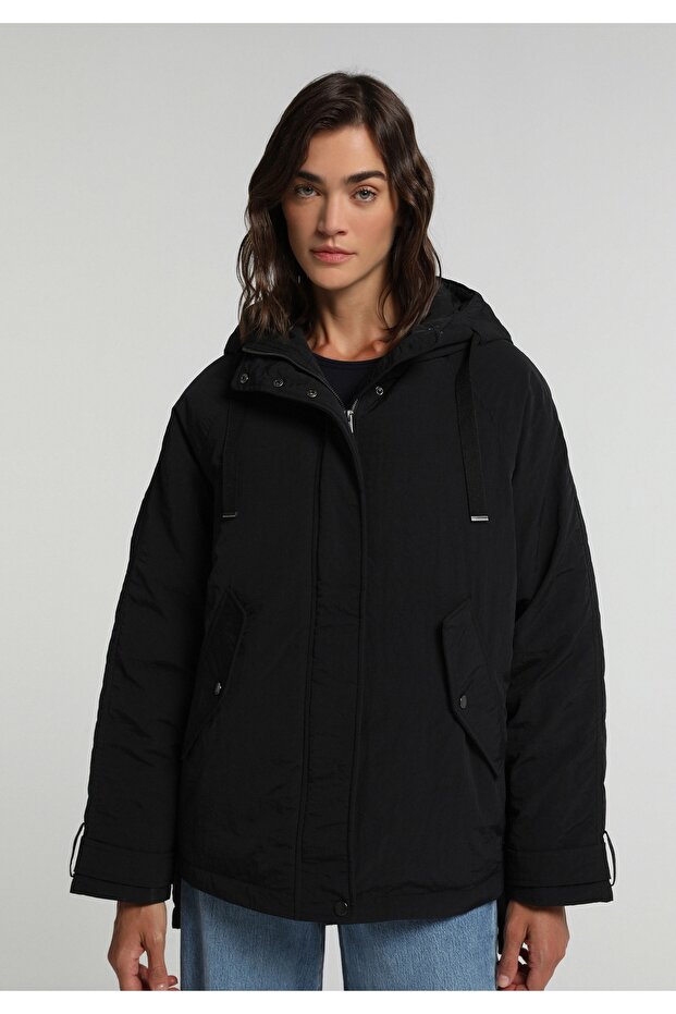 Regular Fit Hooded Zippered Lined Water Resistant Women's Black Coat