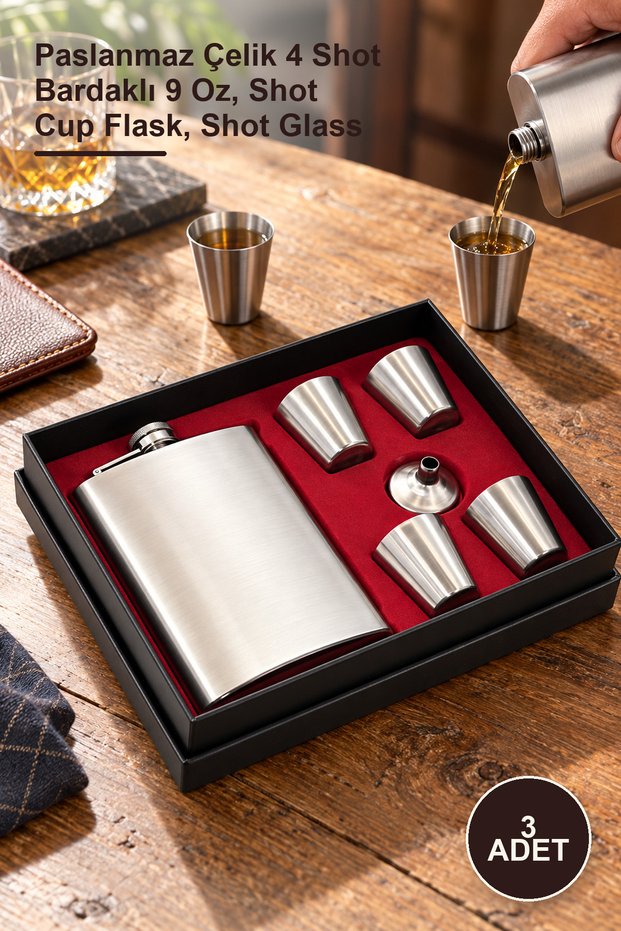 3-Piece Flask Set – Stainless Steel 9 oz with 4 Shot Glasses, Shot Cup Flask, Shot Glass