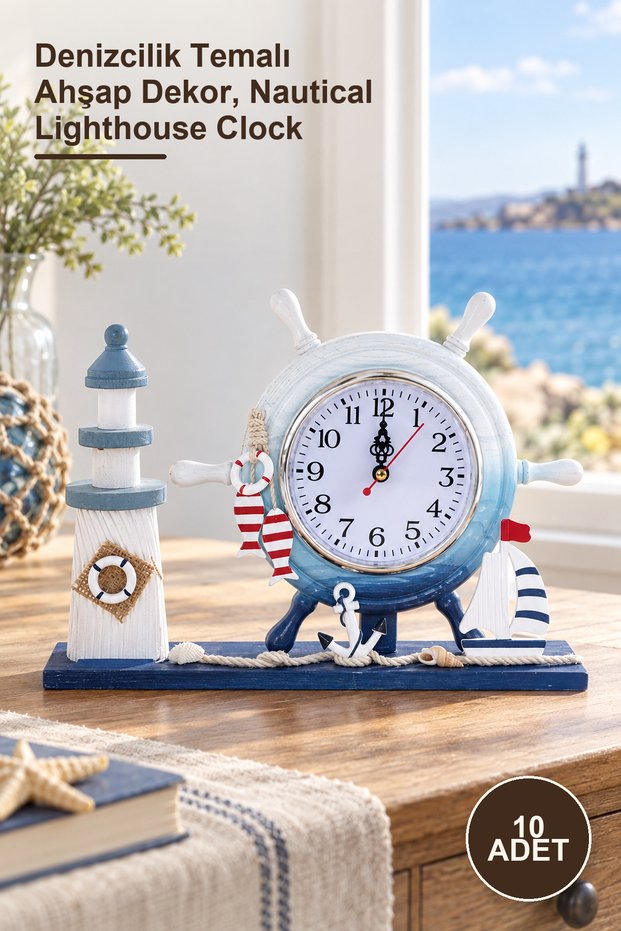 10 Pieces Wooden Marine Lighthouse Clock with Rudder – Nautical Themed Wooden Decor, Nautical Lighthouse Clock