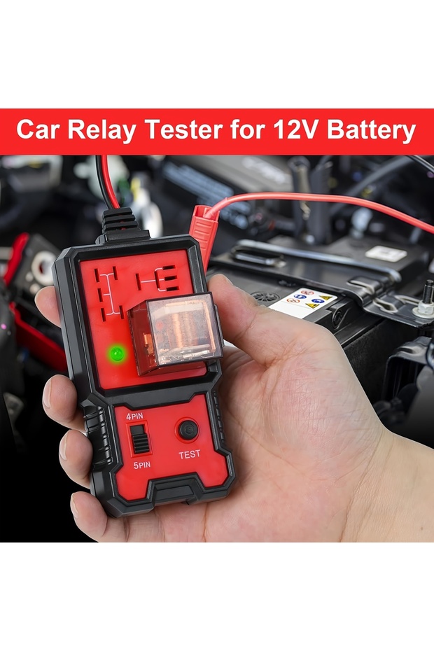 Red Compact 12V Automotive Relay Tester with Battery Clamp - Easy-To-Use 4-Pin and 5-Pin Relay Teste