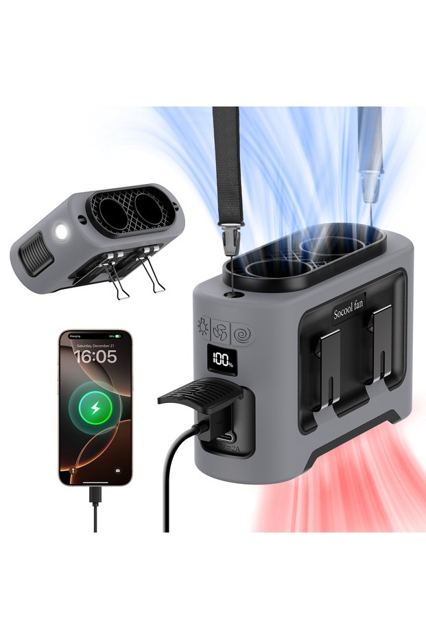 Gray Socool 14500mAh Portable Waist Fan Dual Airflow Outlet Turbo Motors with Four Clips Emergency F