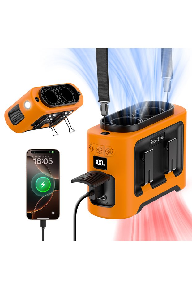 Orange Socool 14500mAh Portable Waist Fan Dual Airflow Outlet Turbo Motors with Four Clips Emergency