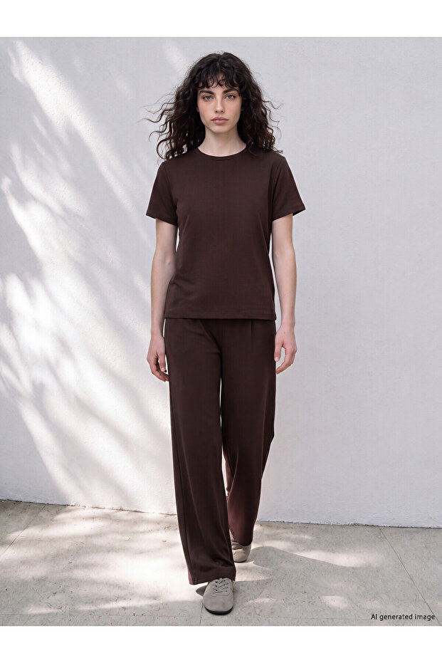 Two Mt Shop Quality Lcw Petite Brown Interlock Plain Loose & Baggy Women's Sweatpants
