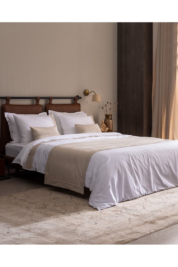 Orient King Size Cotton Linen Border Duvet Cover & Runner & Throw Pillow Set - White/Beige