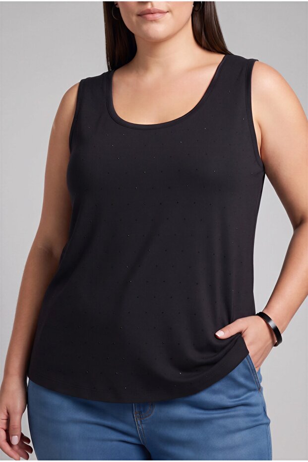Stone Detailed Large Size Round Viscose Undershirt Black