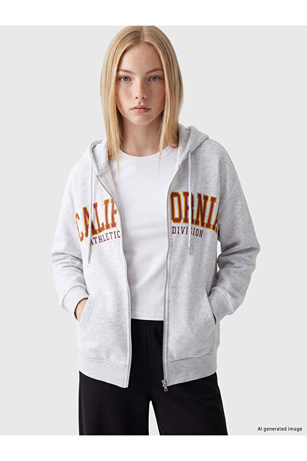 Alita City Gray with a Difference 3 Thread Threaded Printed Oversize Women's Zippered Sweatshirt