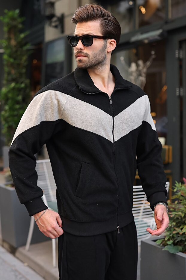 Black Stripe Detailed Double Zipper Men's Fleece Cardigan E7191
