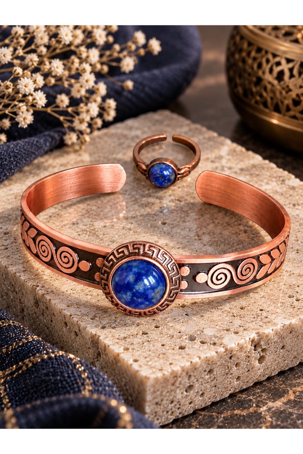 Women's copper ring bracelet handcrafted pure copper round lapis lazuli natural stone women's copper adjustable bracelet