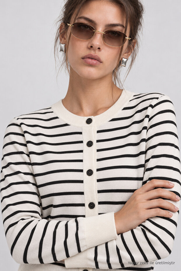 Striped Seasonal Knitwear Cardigan 4413 Lki̇0068 Bone Black