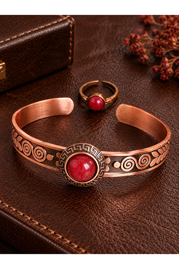 Women's copper ring bracelet handcrafted pure copper round red agate natural stone women's copper adjustable bracelet