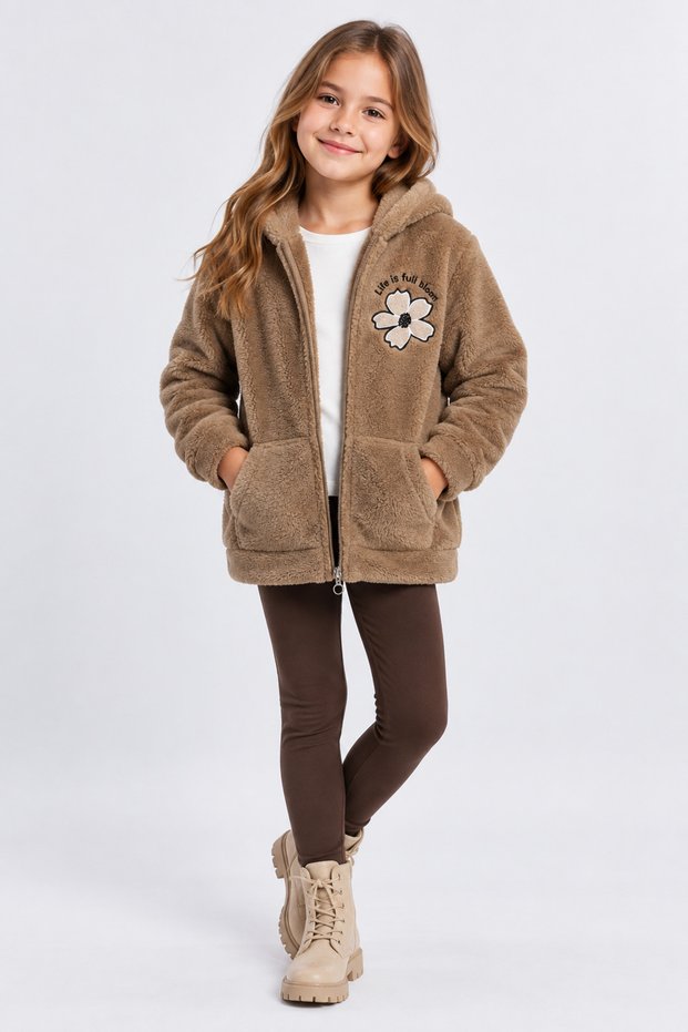 Girl's Hooded Plush Cardigan with Zipper, Floral Embroidery, Pockets, Soft Textured Winter Jacket Ak4125