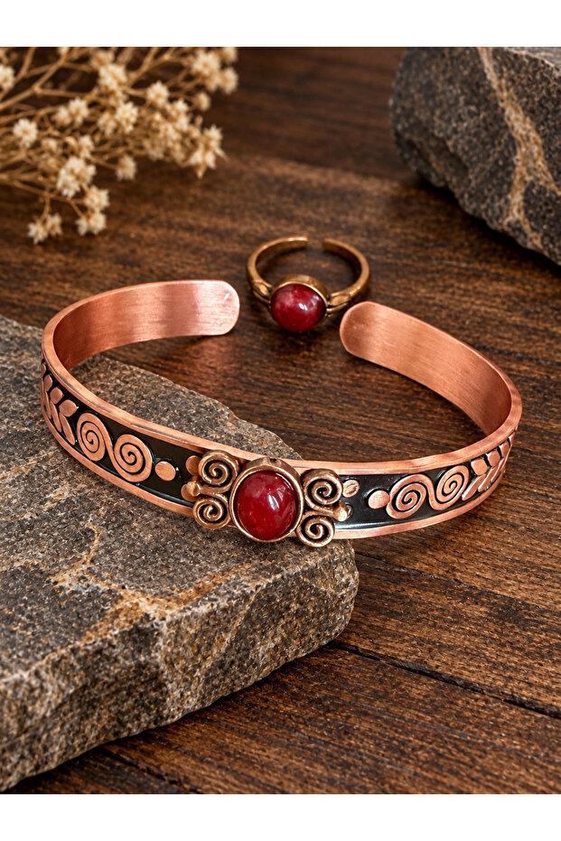 Women's copper ring bracelet handcrafted pure copper oval red agate natural stone women's copper adjustable bracelet