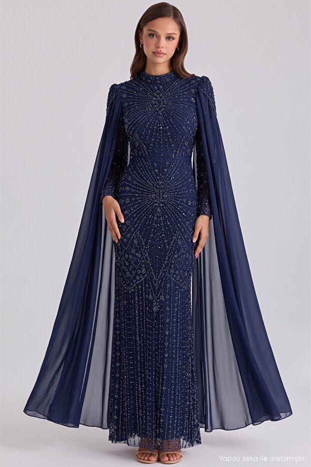 Exclusive Hijab Evening Dress with Bead and Pearl Patterned Cape Detail Dark Blue 1114-Y