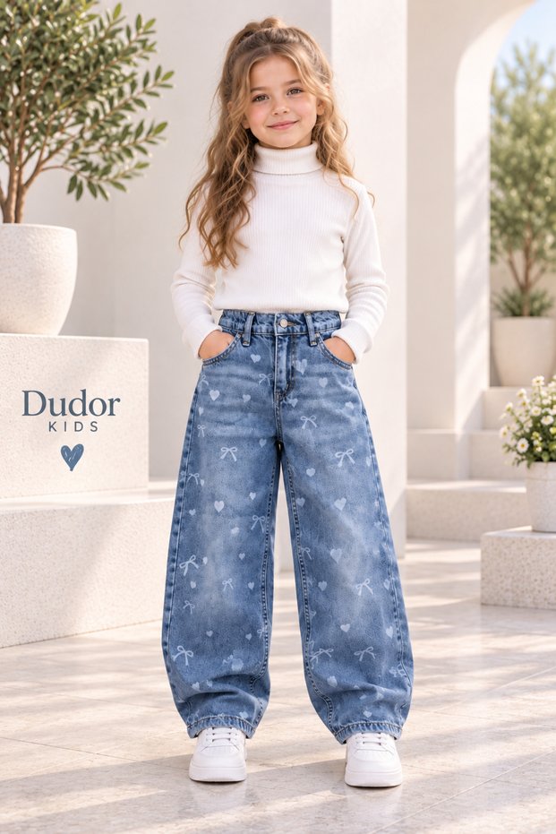 Girls' Blue Jeans with Bows and Hearts (Baggy Style)