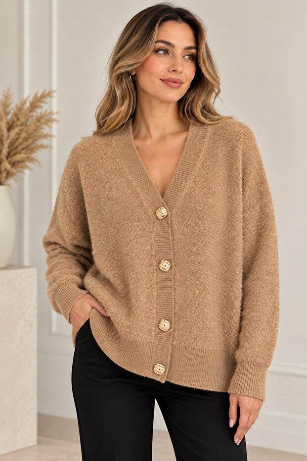 Women's Camel Hair Gold Buttoned V-Neck Soft Textured Oversize Knitwear Cardigan