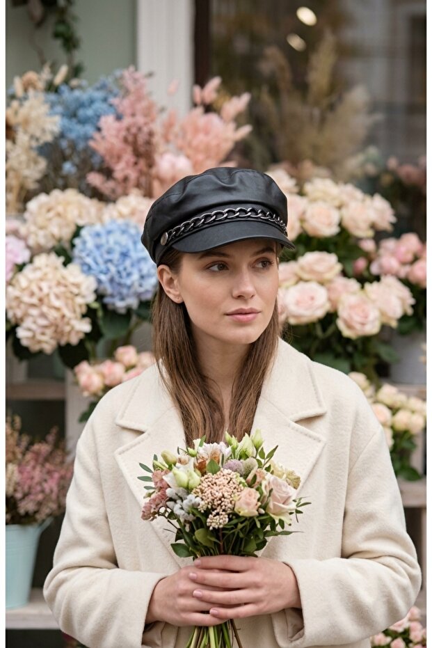 Chain Detailed Black Leather Cap Hat Women's Winter Newsboy Hat Faux Leather Stylish Cap Model