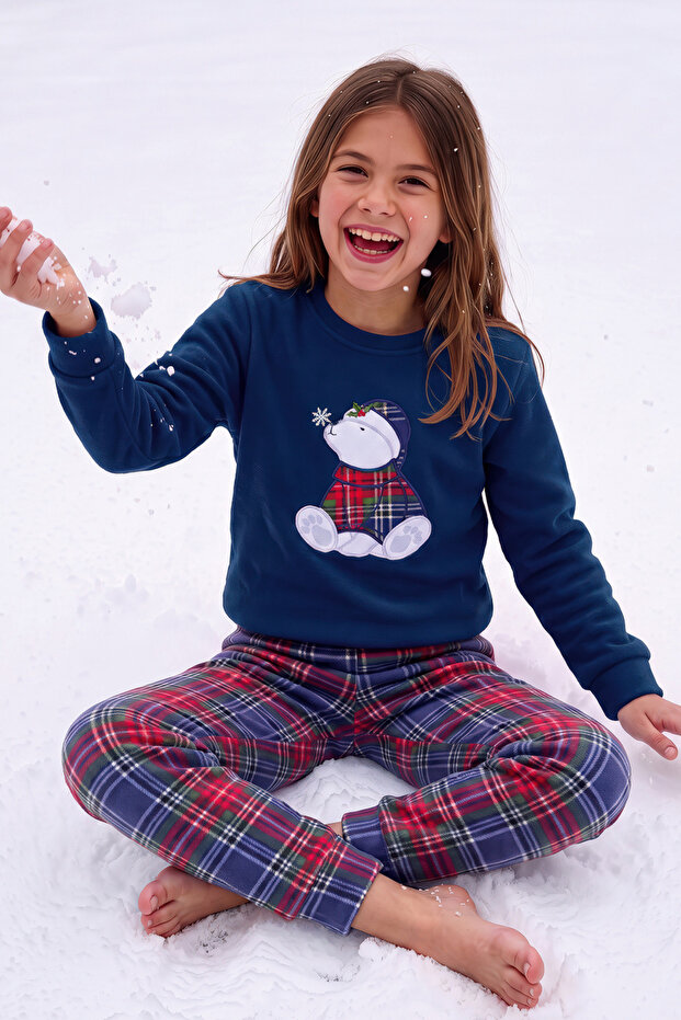 Girl, Teen and Child Navy Blue Polar Bear Patterned Long Sleeve Thermal Fabric Winter Warm Pajama Set