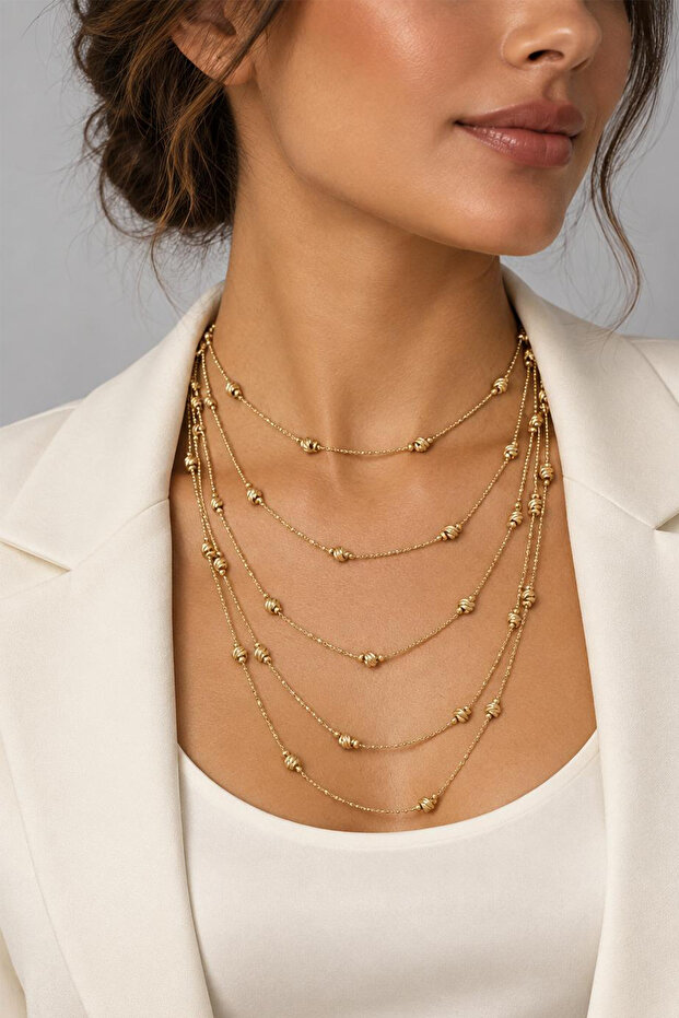 Gold Color Dorika Beaded Layered Multi Chain Necklace (35Cm-55Cm)