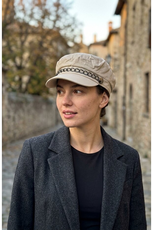 Chain Detailed Black Leather Cap Hat Women's Winter Newsboy Hat Faux Leather Stylish Cap Model
