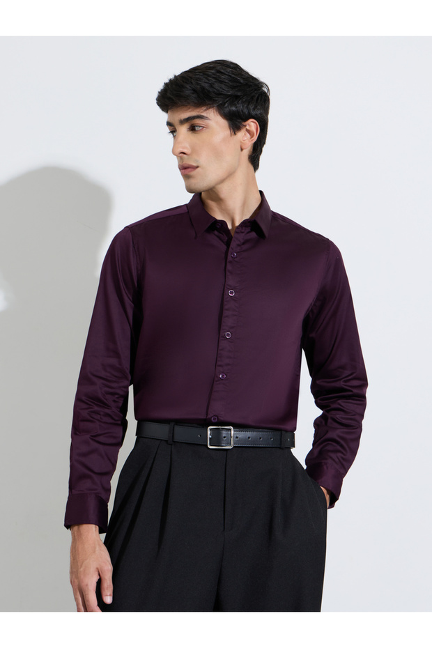 Maroon Solid Long Sleeves Satin Slim Fit Shirt