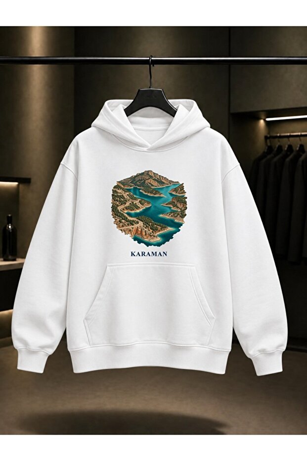 Karaman Ermenek Turquoise Printed Unisex 100% Cotton Hooded Sweatshirt