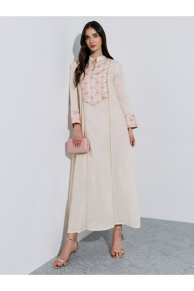 Cream Embroidered Long Sleeves Maxi Jalabiya