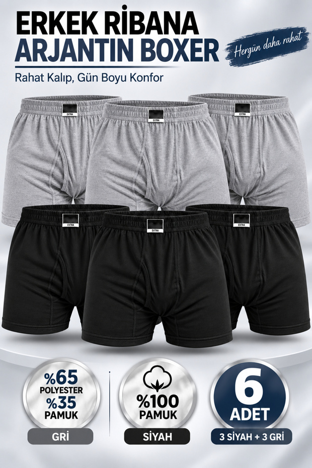 Men's Argentina Boxer 3 Black (100% Cotton) 3 Gray (35% Cotton, 65% Polyester) Ribbed Boxer with Non-Tightening Legs