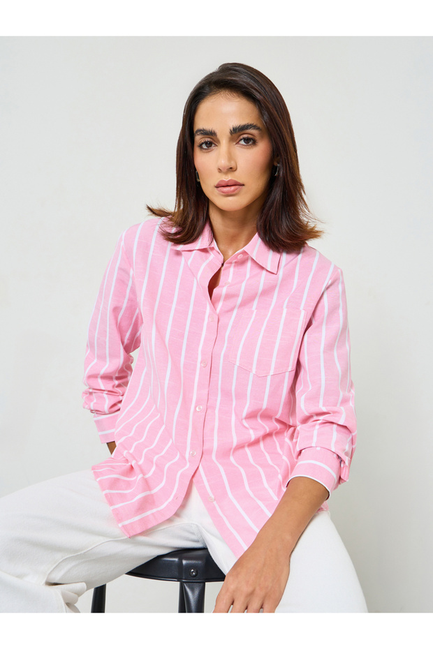 Pink Striped Long Sleeve Regular Fit Shirt
